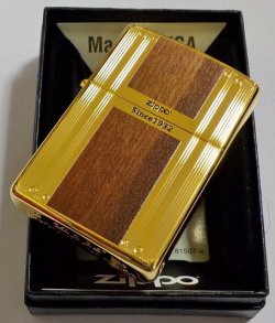 画像1: ☆豪華！WLINE！繊細なライン＆Wood調 Since １９３２ ★両面加工 ゴールドカラー ZIPPO！新品