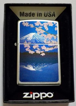 画像1: ☆和柄！富士山＆桜  色鮮やか 縁起物 ２０２３年 Satin Chrome Zippo！新品