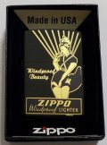 ☆Windy！WINDPROOF LADY 昔のZIPPO社広告柄 全面ブラックマット  ２０２３年 ZIPPO！新品B
