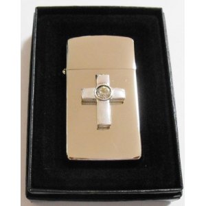 画像: ☆クロス立体メタル スリム！クリスタルビーズ付 銀加工鏡面 ２０００年 ZIPPO！新品B