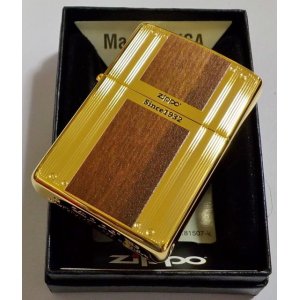 画像: ☆豪華！WLINE！繊細なライン＆Wood調 Since １９３２ ★両面加工 ゴールドカラー ZIPPO！新品