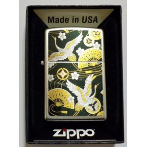 画像: ☆和柄！鶴＆扇子  色鮮やか 縁起物 ２０２３年 Satin Chrome Zippo！新品