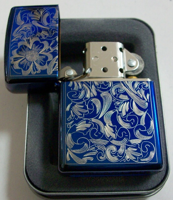 画像: ★廃番カラー！MOOD INDIGO　インディゴ・ブルー　フラワーデザイン　２００３年 ZIPPO！新品B