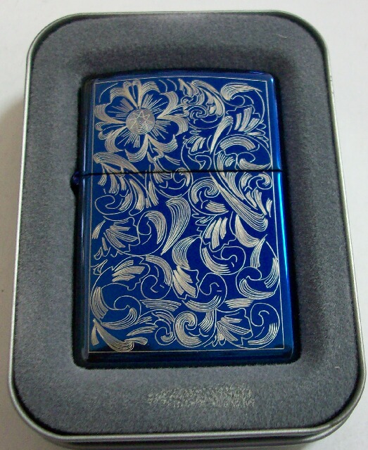 画像: ★廃番カラー！MOOD INDIGO　インディゴ・ブルー　フラワーデザイン　２００３年 ZIPPO！新品B