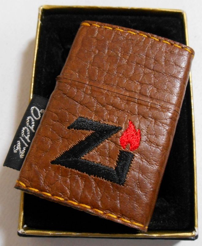 画像: ☆１９９５年！総革巻き 全六面ブラウンレザー＆刺繍Zマーク タグ付 ＺＩＰＰＯ！未使用品