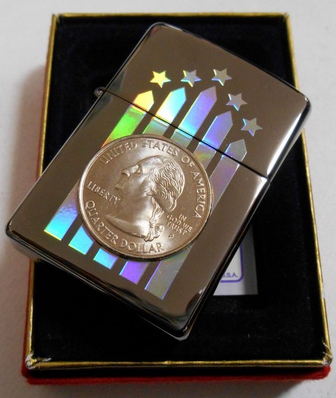 画像: ☆豪華！J.ワシントン大統領 US クォーターコイン貼り★色変化 ２００３年６月 ブラック ZIPPO！新品