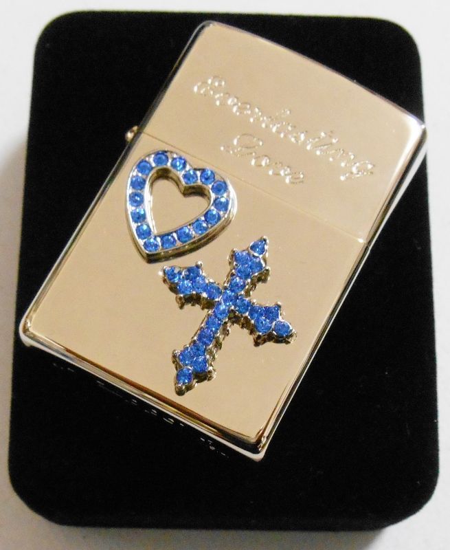 画像: ☆豪華！ハート＆クロス Blue ブルーのクリスタル 銀加工 ２００７年 ZIPPO！新品