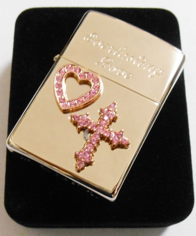 画像: ☆豪華！ハート＆クロス Pink ピンクのクリスタル 銀加工 ２００７年 ZIPPO！新品