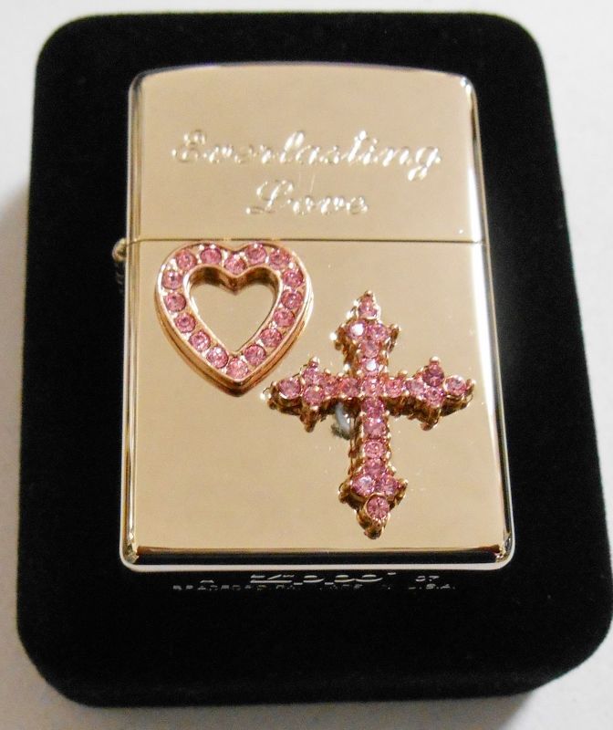 画像1: ☆豪華！ハート＆クロス Pink ピンクのクリスタル 銀加工 ２００７年 ZIPPO！新品