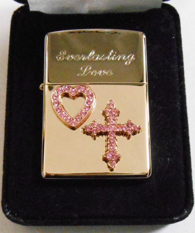 画像: ☆豪華！ハート＆クロス Pink ピンクのクリスタル 銀加工 ２００７年 ZIPPO！新品