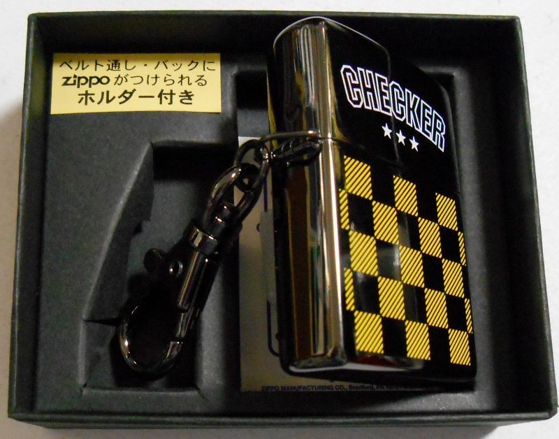 画像: ☆ CHECKER！イエロー・チェッカー 三角カン＆ホルダー付 ２００２年 ZIPPO！新品