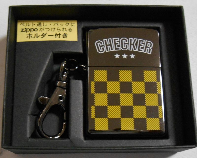 画像: ☆ CHECKER！イエロー・チェッカー 三角カン＆ホルダー付 ２００２年 ZIPPO！新品