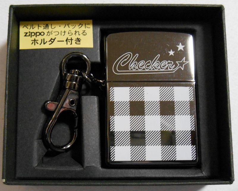 画像: ☆ CHECKER！ホワイト・チェッカー 三角カン＆ホルダー付 ２００２年 ZIPPO！新品