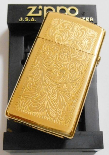 画像: ☆１９９８年９月製 伝統の・・ベネチアン柄！スリム 両面デザイン BRASS SLIM ZIPPO！新品