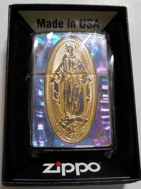 画像: ☆マリア様！豪華 天然貝アバロン！ゴールドの聖母マリア様 Goddess of Mercy Black Zippo 新品