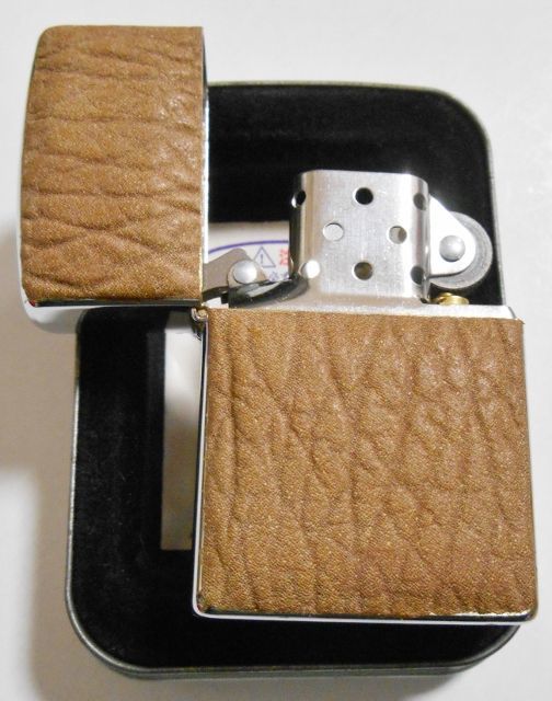 画像: ☆渋い！両面天然革貼り シャーク！SHARK ベージュ レザー １９９８年３月製 ZIPPO！未使用品