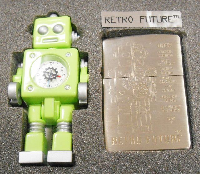 Retro Future ロボットデザイン彫刻 Zippo ロボット グリーン 時計付 1999年 未使用品 ジッポーパーク Zippopark