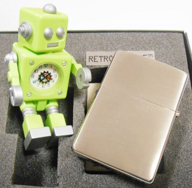 Retro Future ロボットデザイン彫刻 Zippo ロボット グリーン 時計付 1999年 未使用品 ジッポーパーク Zippopark