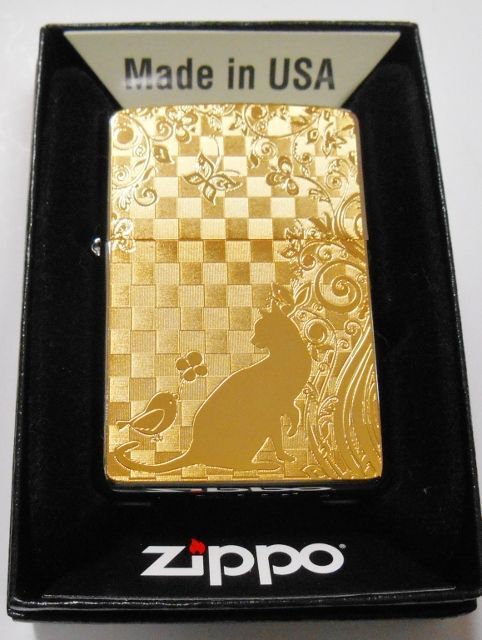 画像: 😹ネコと小鳥！輝く・・GOLD METAL PLATE 繊細な彫刻 ２０２０年 ZIPPO！新品