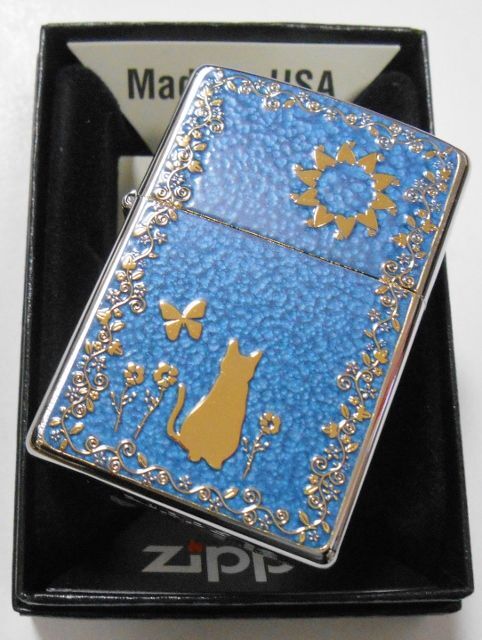 画像: 😹金ネコ！お洒落なブルー 輝く・・両面 GOLD METAL PLATE 繊細な彫刻 ２０２０年 ZIPPO！新品