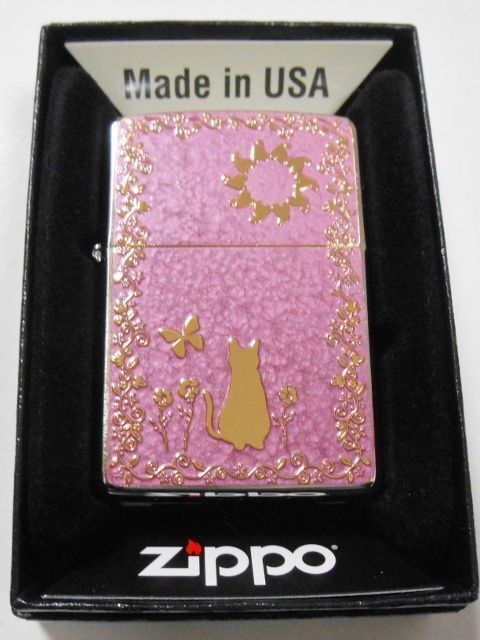 画像1: 😹金ネコ！お洒落なピンク 輝く・・両面 GOLD METAL PLATE 繊細な彫刻 ２０２０年 ZIPPO！新品