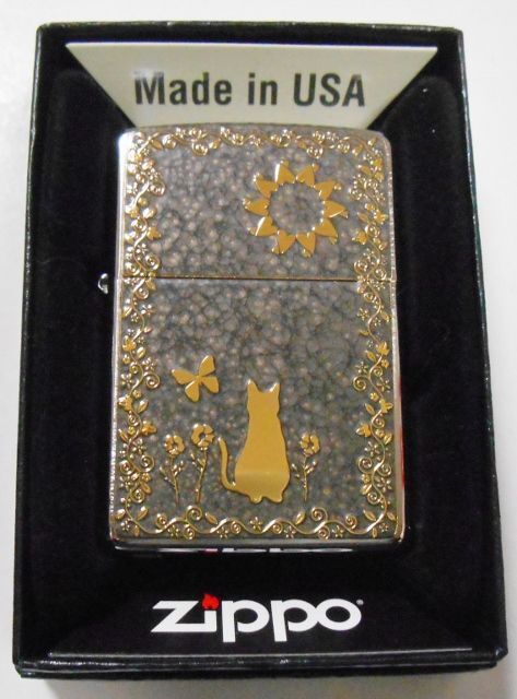 画像1: 😹金ネコ！お洒落なグレイ 輝く・・両面 GOLD METAL PLATE 繊細な彫刻 ２０２０年 ZIPPO！新品