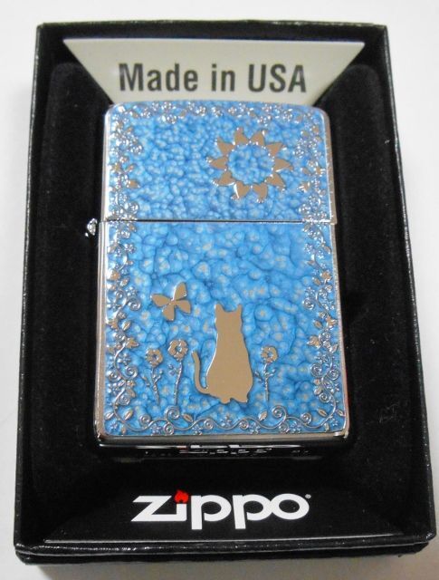 画像1: 😹銀ネコ！お洒落なブルー 輝く・・両面 METAL PAINT PLATE 繊細な彫刻 ２０２０年 ZIPPO！新品