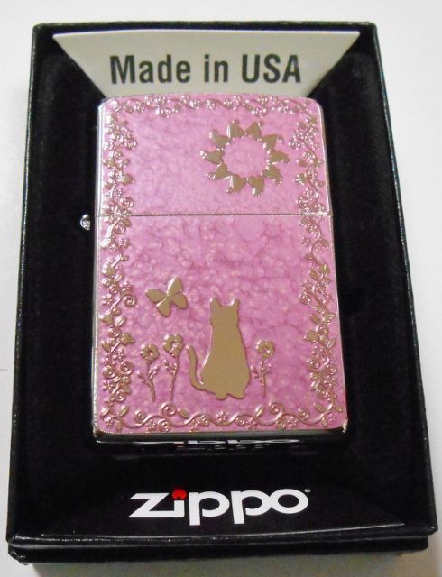 画像: 😹銀ネコ！お洒落なピンク 輝く・・両面 METAL PAINT PLATE 繊細な彫刻 ２０２０年 ZIPPO！新品