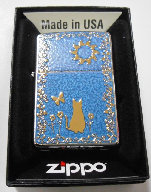 画像: 😹金ネコ！お洒落なブルー 輝く・・両面 GOLD METAL PLATE 繊細な彫刻 ２０２０年 ZIPPO！新品