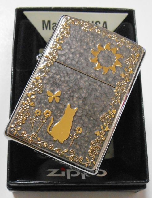 画像: 😹金ネコ！お洒落なグレイ 輝く・・両面 GOLD METAL PLATE 繊細な彫刻 ２０２０年 ZIPPO！新品