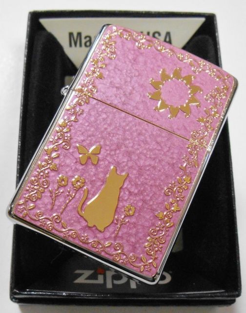 画像: 😹金ネコ！お洒落なピンク 輝く・・両面 GOLD METAL PLATE 繊細な彫刻 ２０２０年 ZIPPO！新品