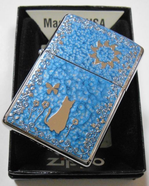 画像: 😹銀ネコ！お洒落なブルー 輝く・・両面 METAL PAINT PLATE 繊細な彫刻 ２０２０年 ZIPPO！新品