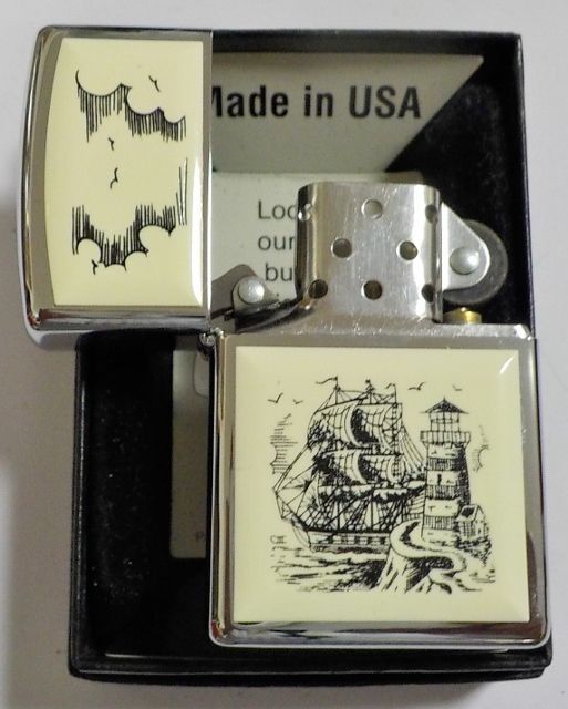 画像: ☆SCRIMSHAW！スクリムショウ 帆船＆灯台 両面アイボリー ２０００年１０月  ZIPPO！新品B