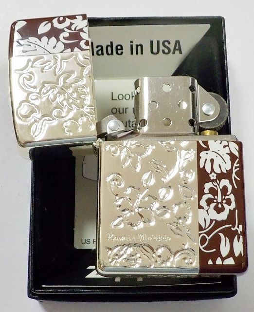 画像: ☆お洒落な２カラー！Hawaii ハイビスカス ２００４年３月 チョコカラー＆銀加工 ZIPPO！未使用品