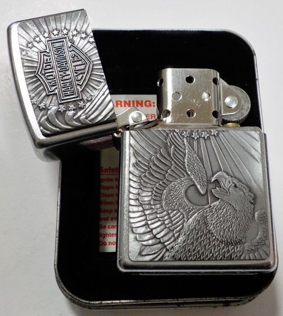 画像:  ★USA HARLEY-DAVIDSON★迫力のメタルエンブレム！２００２年４月 Satin Chrome Zippo！新品A