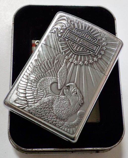 画像:  ★USA HARLEY-DAVIDSON★迫力のメタルエンブレム！２００２年４月 Satin Chrome Zippo！新品A