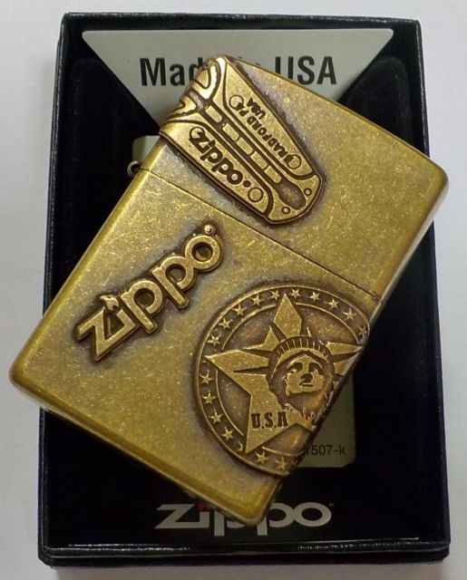 画像: ☆VINTAGE感あふれる・・フリント ＆ 自由の女神 ＆ Zippoロゴ オールドメタル 真鍮古美 ZIPPO！新品