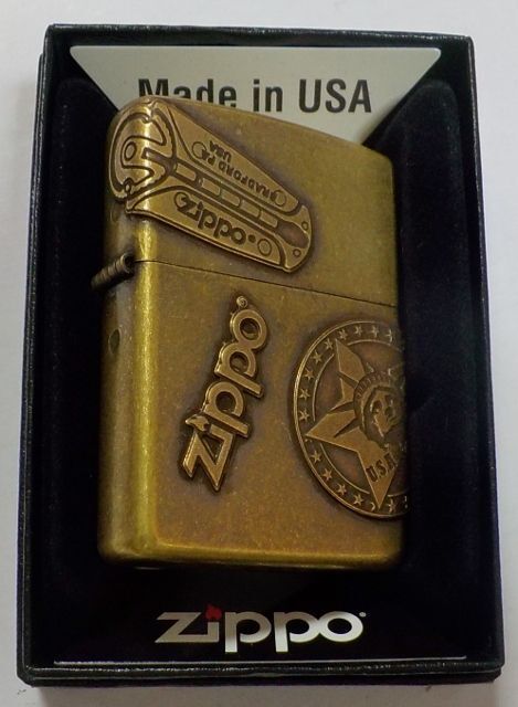 画像: ☆VINTAGE感あふれる・・フリント ＆ 自由の女神 ＆ Zippoロゴ オールドメタル 真鍮古美 ZIPPO！新品