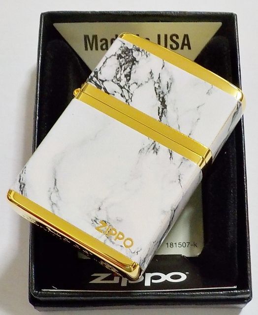 画像1: ☆豪華！WHITE MARBLE！4面連続加工 ZIPPO LOGO！高級感あふれる・・GOLD ZIPPO！新品