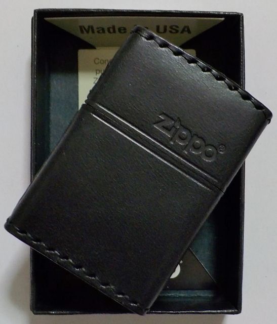 画像: ★本牛革 職人手縫い！渋い・・黒 ブラックレザー！ZIPPOロゴ 革巻き ＺＩＰＰＯ！ 新品