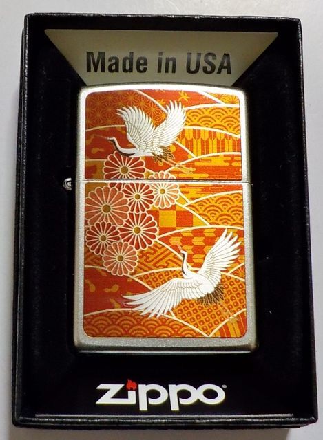 画像1: ☆和柄！鶴＆菊  色鮮やか 縁起物 ２０２３年 Satin Chrome Zippo！新品