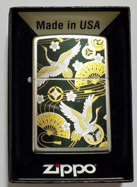 画像1: ☆和柄！鶴＆扇子  色鮮やか 縁起物 ２０２３年 Satin Chrome Zippo！新品