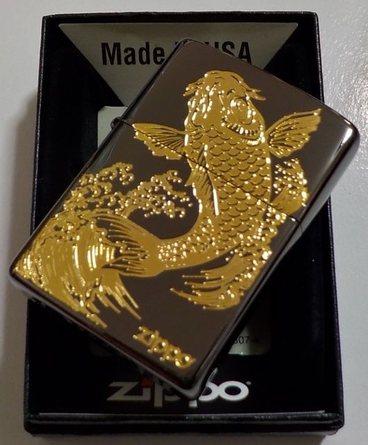 画像: ☆豪華！鯉 CARP 昇り鯉 全面ブラック＆ 繊細なゴールドデザイン！ZIPPO 新品